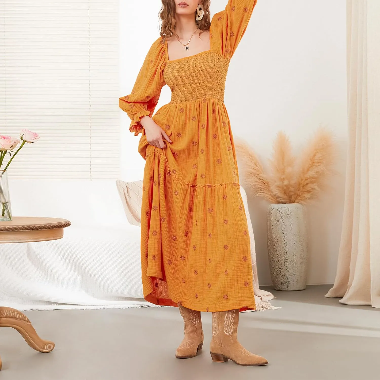 Women's Boho Floral Embroidered Maxi Dress Square Neck Smocked Long Puff Sleeve A Line Tiered Long Dress