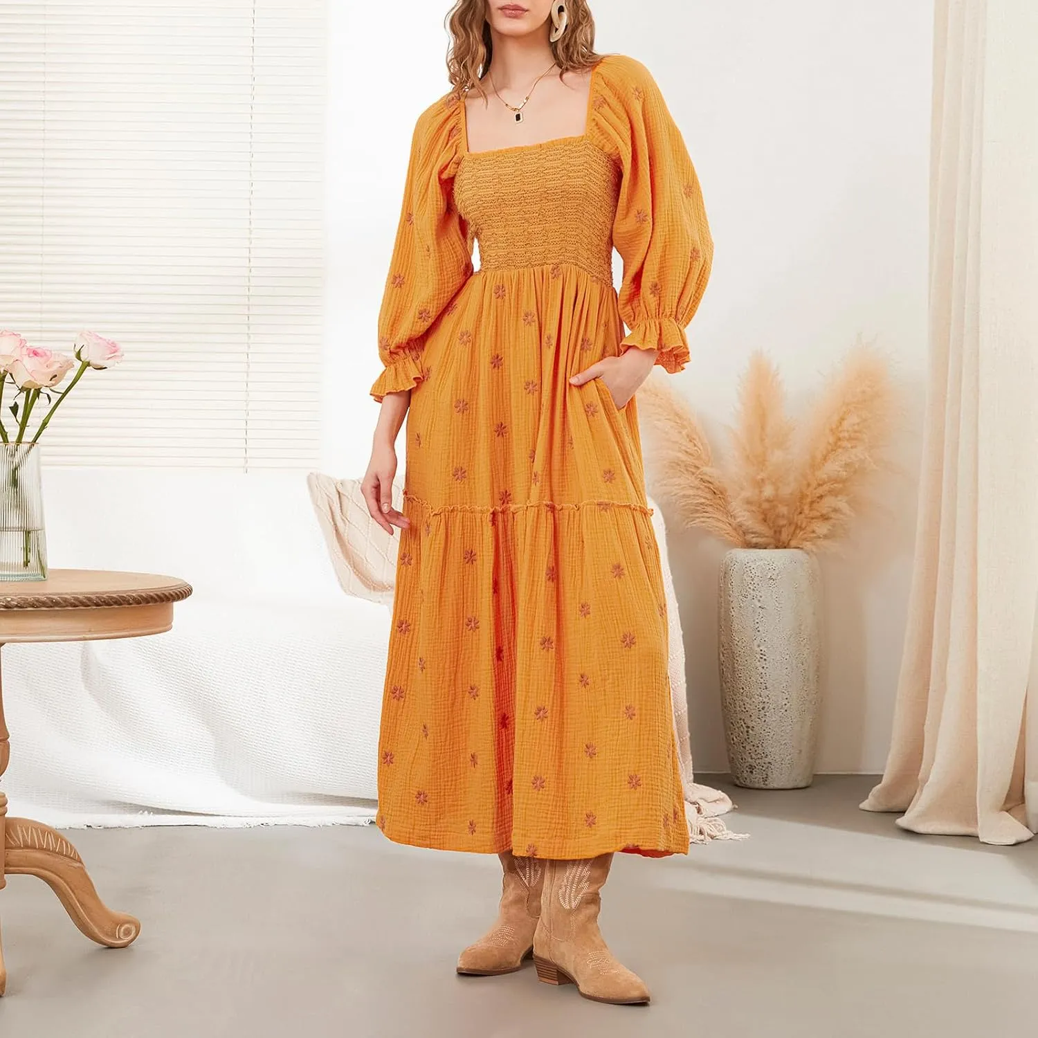Women's Boho Floral Embroidered Maxi Dress Square Neck Smocked Long Puff Sleeve A Line Tiered Long Dress