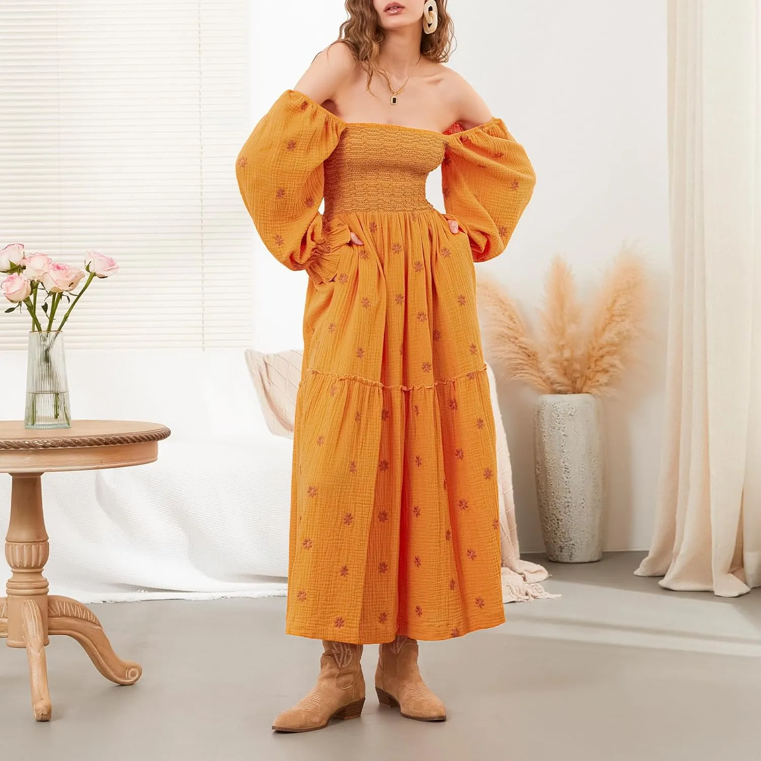 Women's Boho Floral Embroidered Maxi Dress Square Neck Smocked Long Puff Sleeve A Line Tiered Long Dress