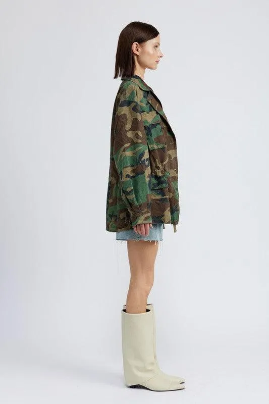Womens Camo Oversized Zipper Front Jacket