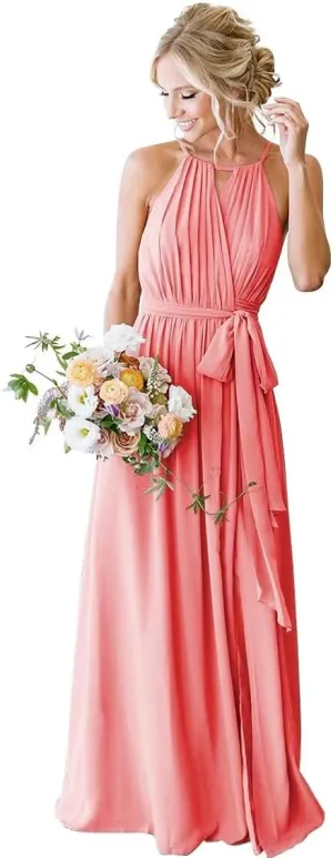 Women's Chiffon Bridesmaid Dresses for Women Halter Pleated Long A-Line Formal Party Dresses