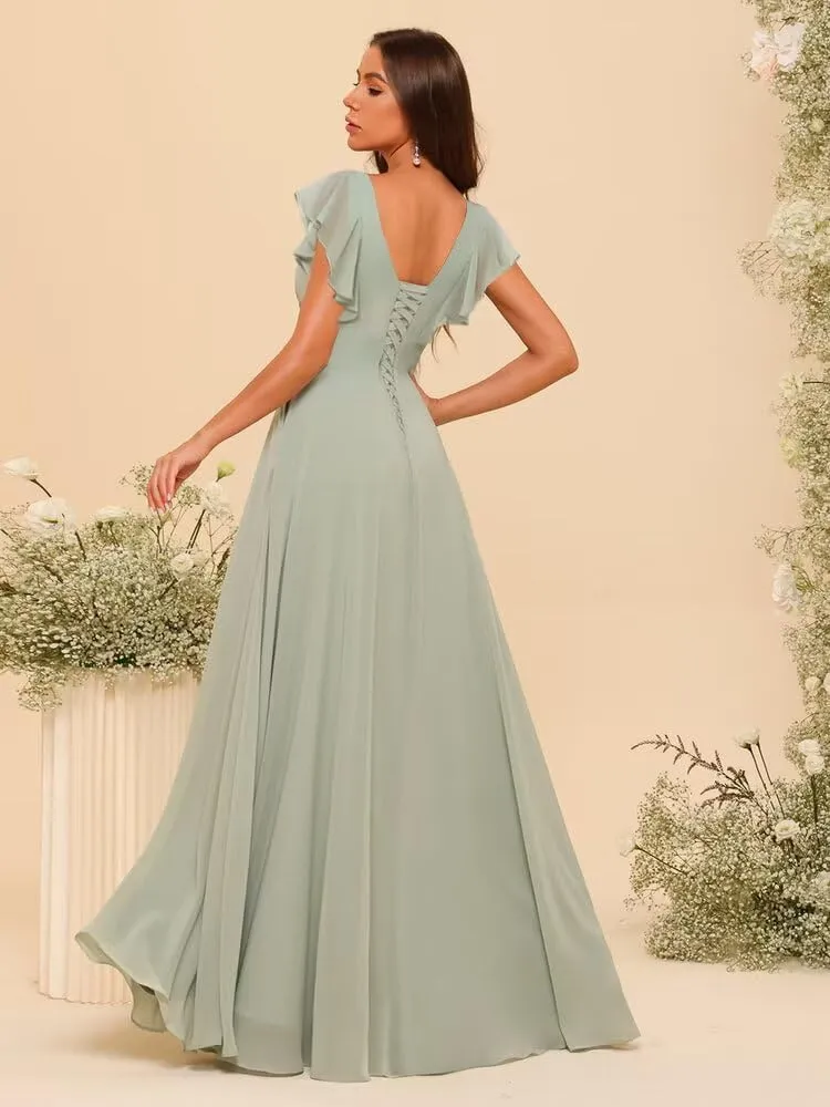 Women's Chiffon Bridesmaid Dresses with Ruffle Sleeves Long V Neck Formal Dresses VS001