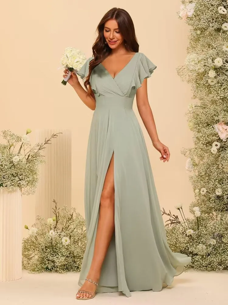 Women's Chiffon Bridesmaid Dresses with Ruffle Sleeves Long V Neck Formal Dresses VS001
