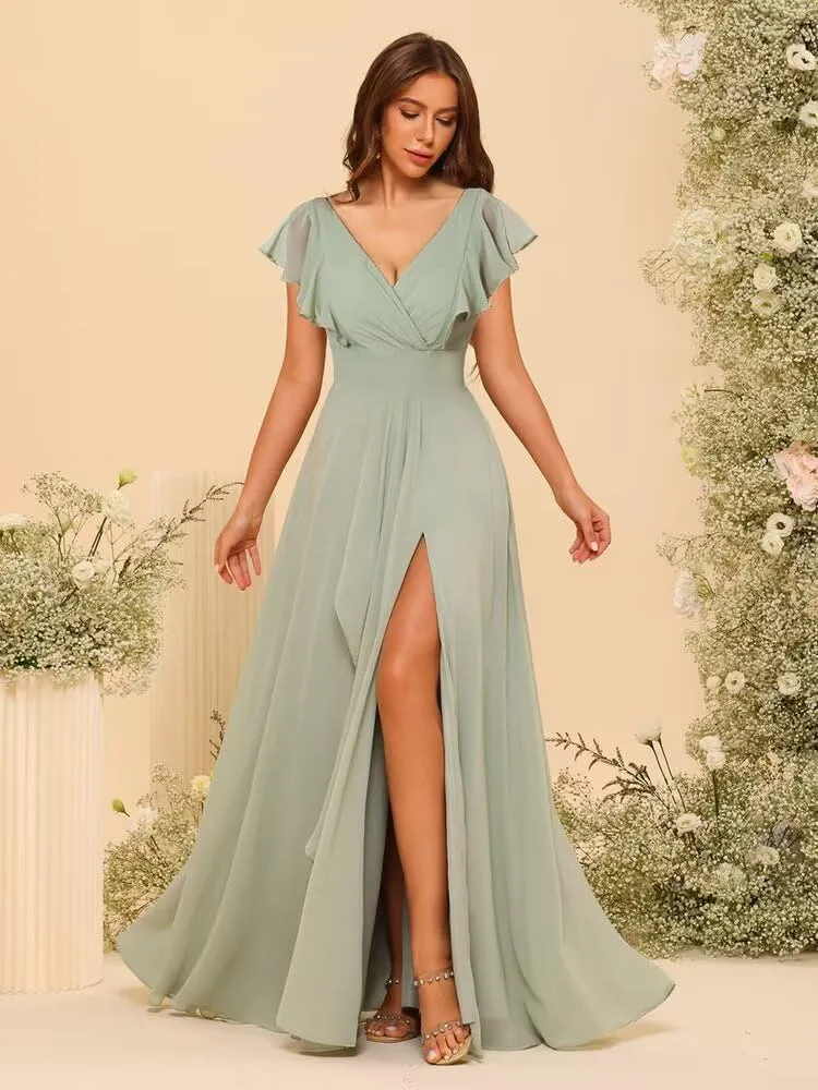 Women's Chiffon Bridesmaid Dresses with Ruffle Sleeves Long V Neck Formal Dresses VS001