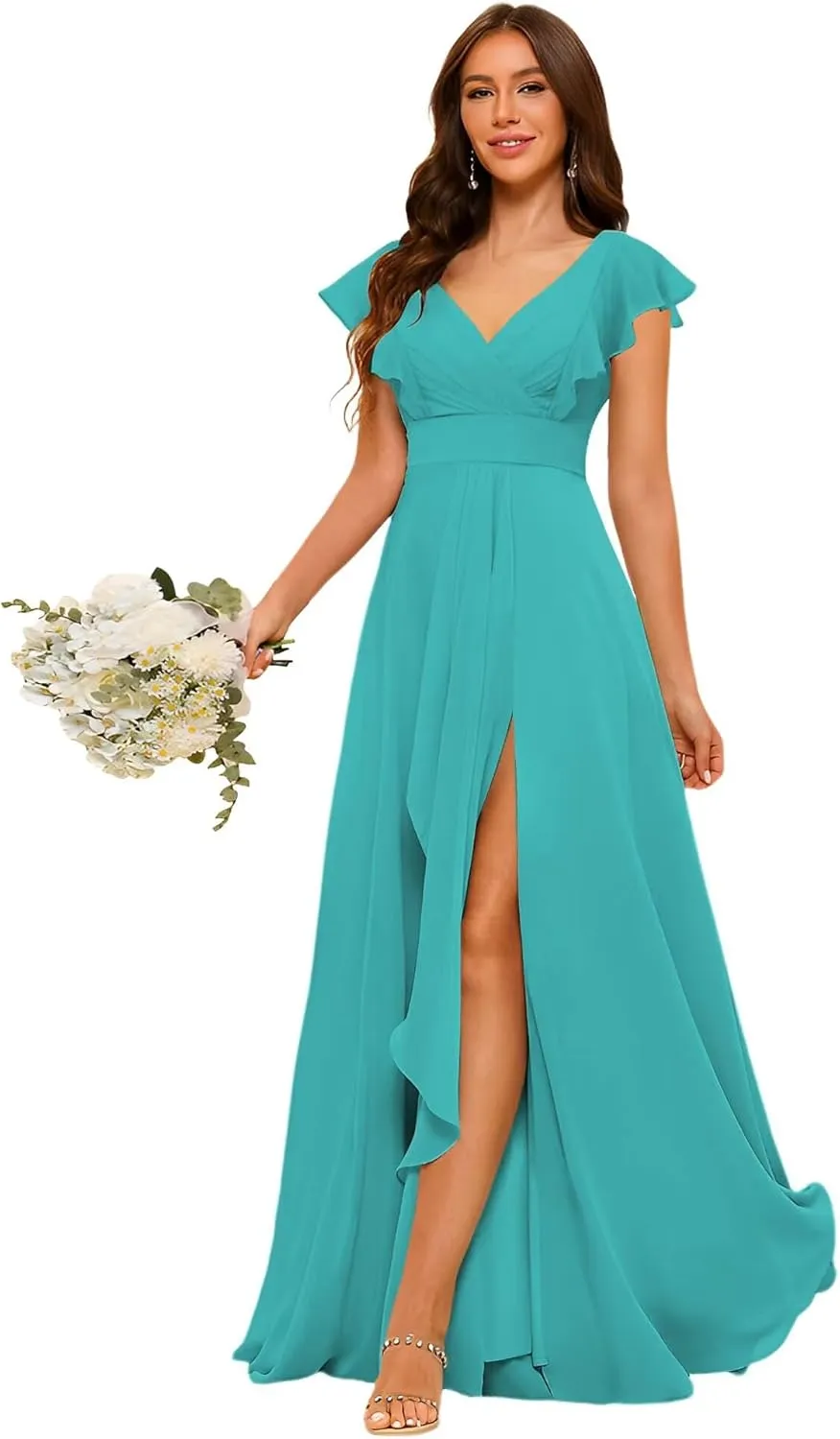 Women's Chiffon Bridesmaid Dresses with Ruffle Sleeves Long V Neck Formal Dresses VS001