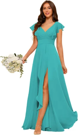 Women's Chiffon Bridesmaid Dresses with Ruffle Sleeves Long V Neck Formal Dresses VS001
