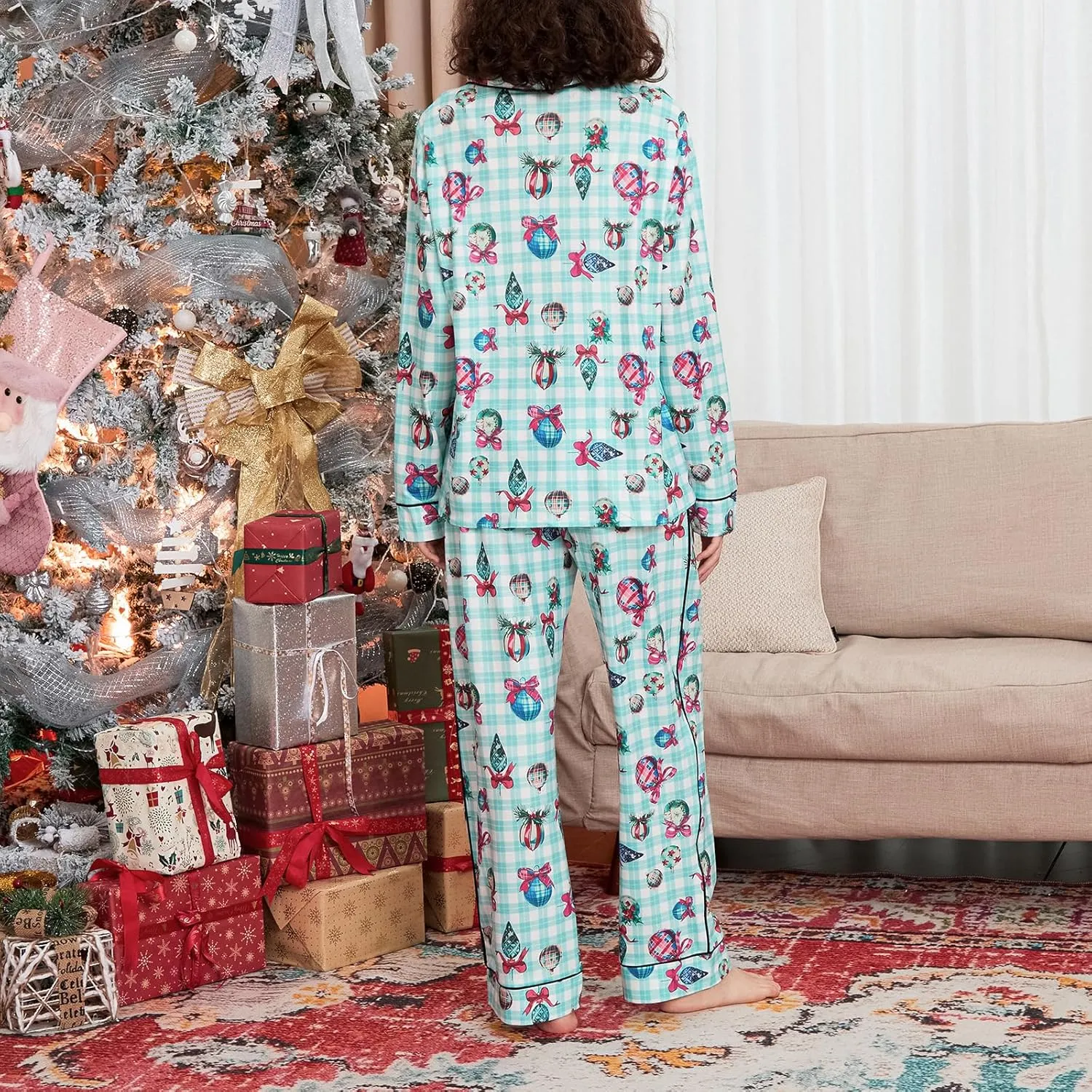 Women's Christmas Pajamas Sets Long Sleeve Button Down Sleepwear Nightwear Soft Xmas PJs Set Sleepwear Loungewear