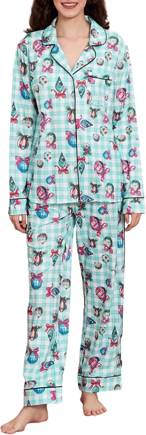 Women's Christmas Pajamas Sets Long Sleeve Button Down Sleepwear Nightwear Soft Xmas PJs Set Sleepwear Loungewear
