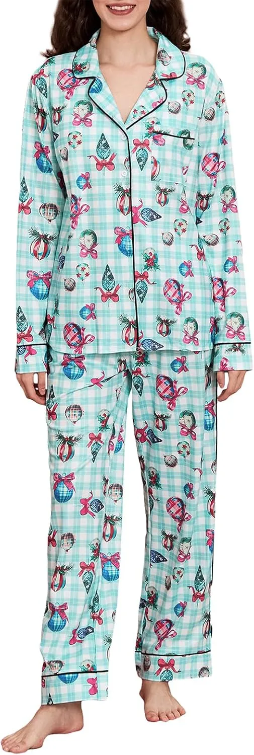 Women's Christmas Pajamas Sets Long Sleeve Button Down Sleepwear Nightwear Soft Xmas PJs Set Sleepwear Loungewear