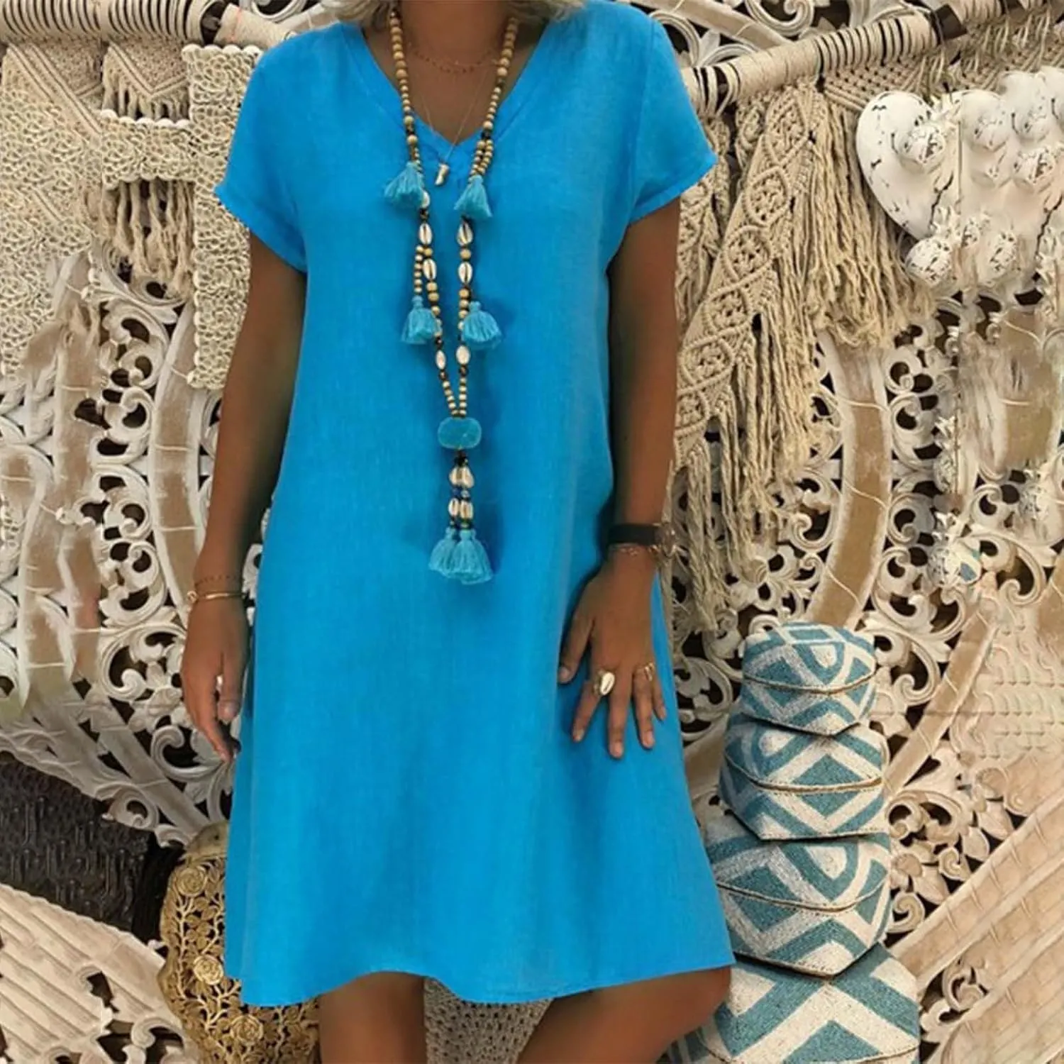 Women's Cotton Linen Dresses Summer Cup Sleeve V Neck Comfy Travel Sundresses Beach Trendy Spring Vacation Clothes 2025