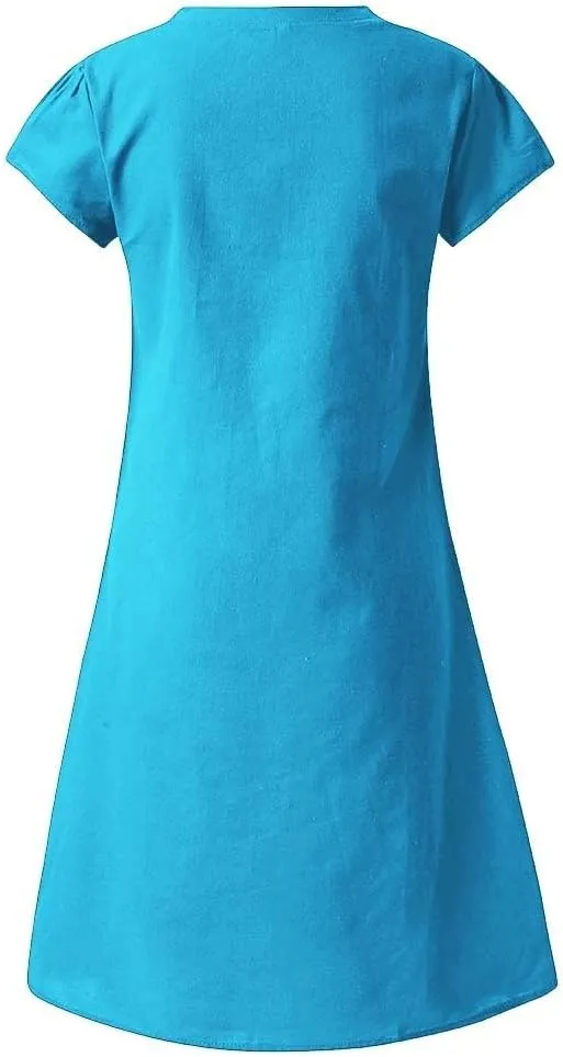 Women's Cotton Linen Dresses Summer Cup Sleeve V Neck Comfy Travel Sundresses Beach Trendy Spring Vacation Clothes 2025