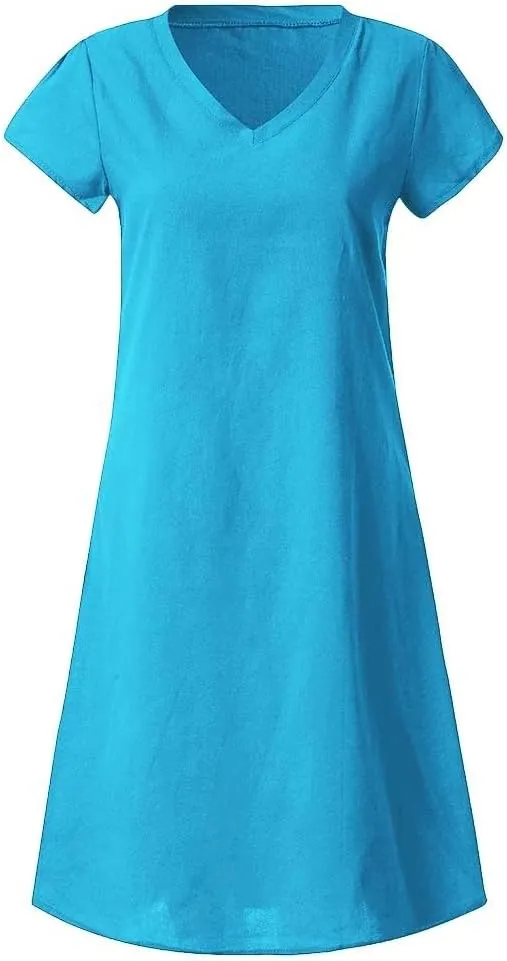 Women's Cotton Linen Dresses Summer Cup Sleeve V Neck Comfy Travel Sundresses Beach Trendy Spring Vacation Clothes 2025