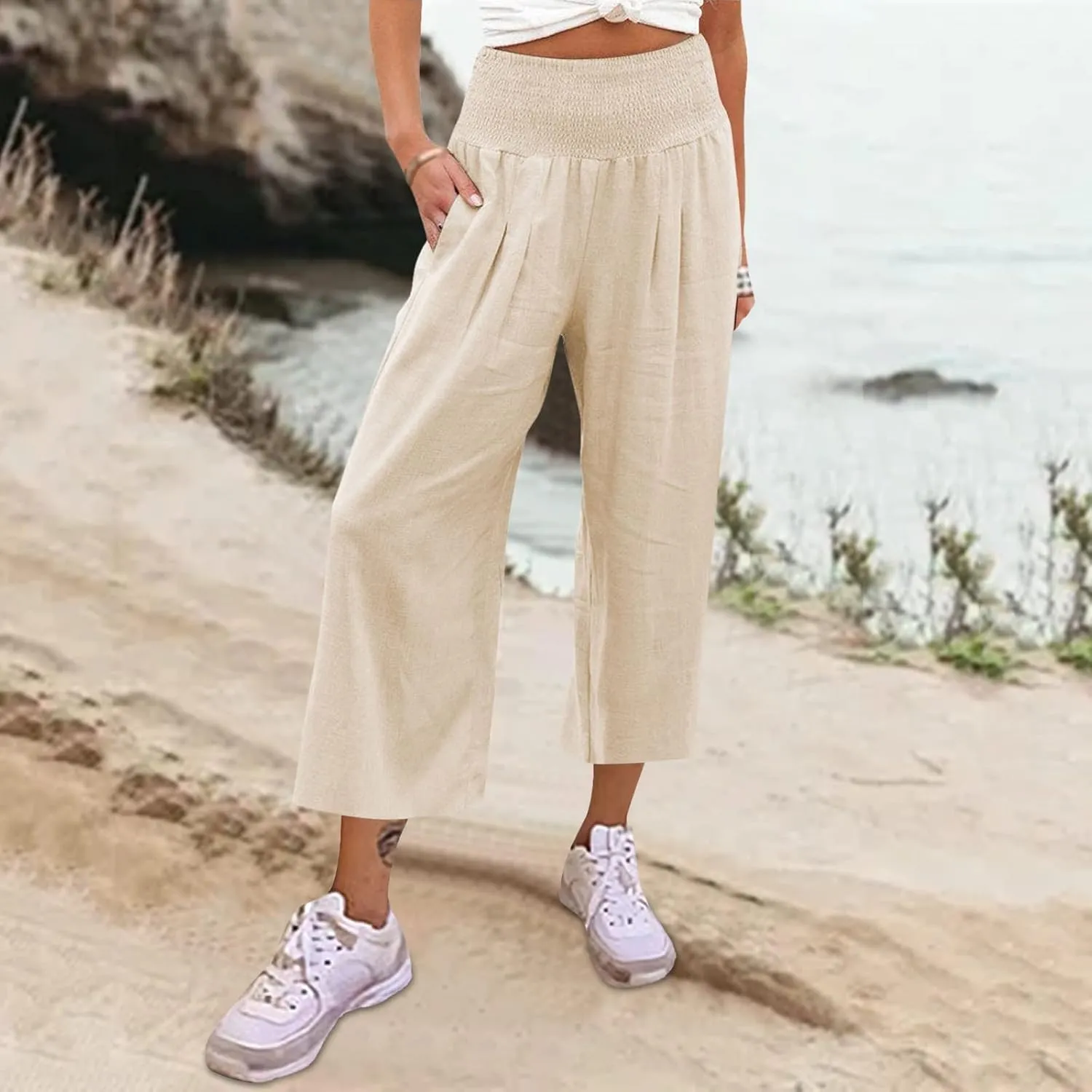 Women's Cotton Linen Summer Print Palazzo Pants Elastic Waisted Straight Plus Size Pant Trousers Vacation