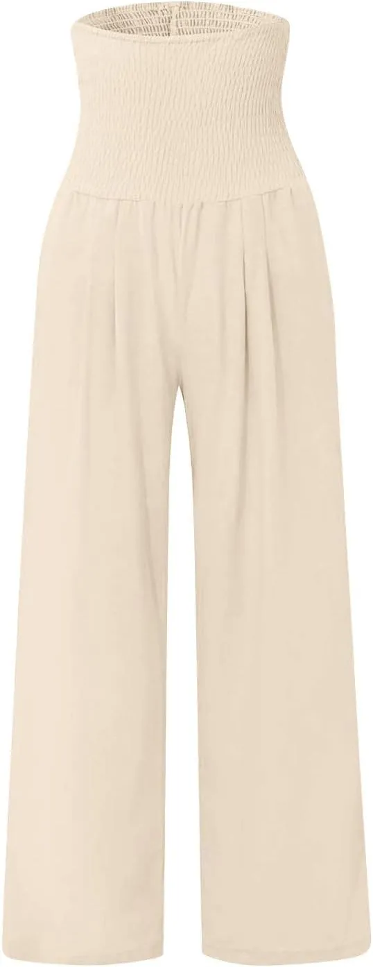 Women's Cotton Linen Summer Print Palazzo Pants Elastic Waisted Straight Plus Size Pant Trousers Vacation