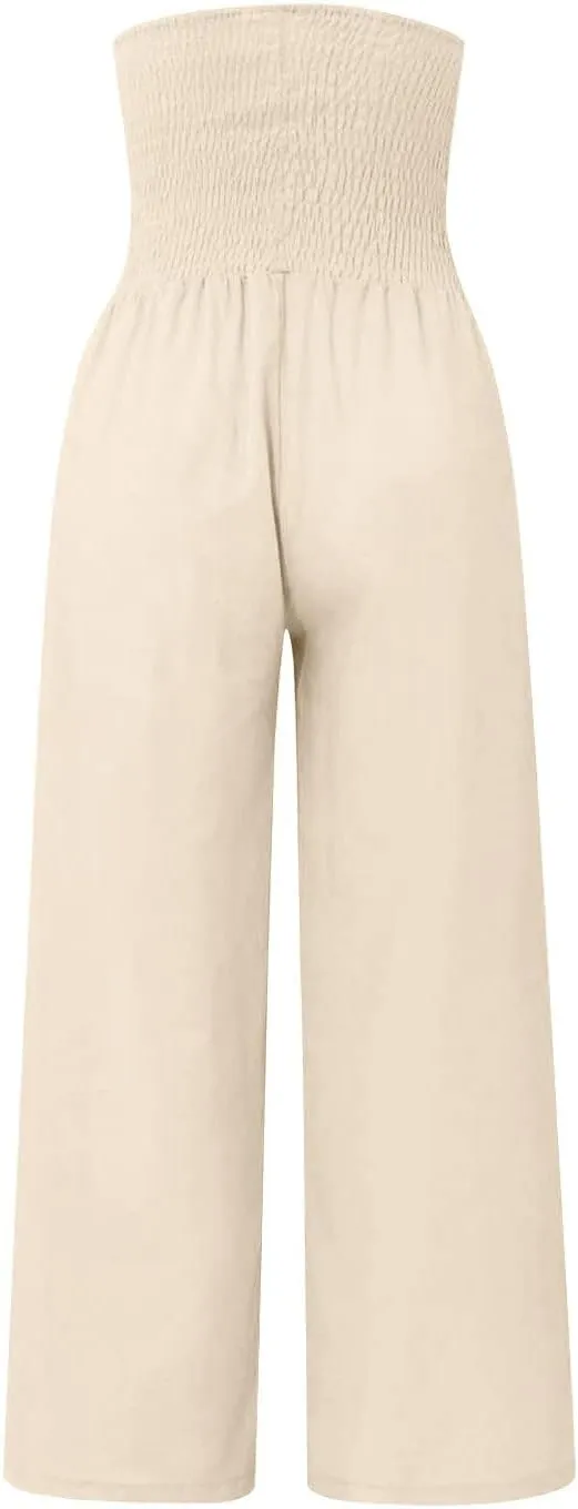 Women's Cotton Linen Summer Print Palazzo Pants Elastic Waisted Straight Plus Size Pant Trousers Vacation