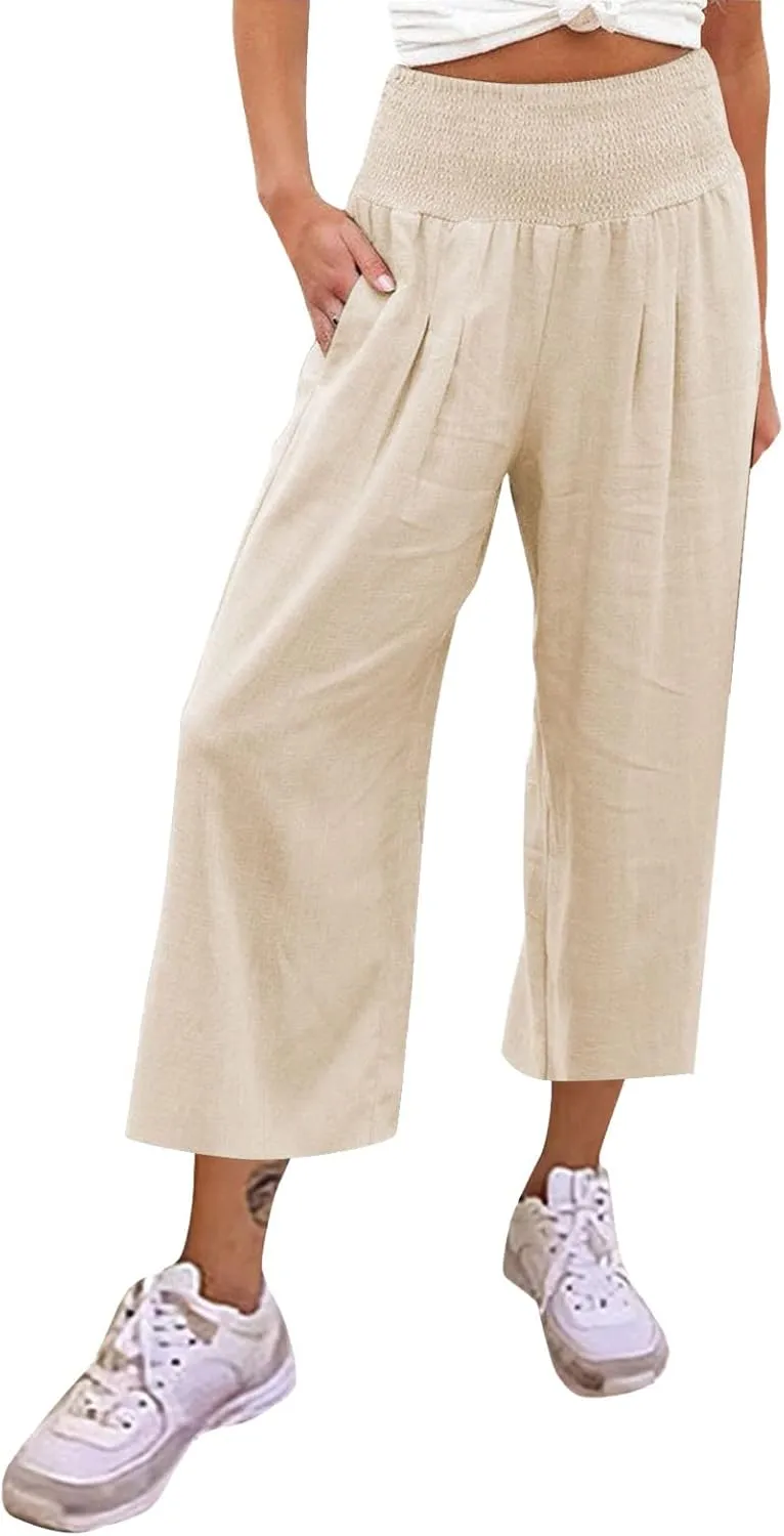 Women's Cotton Linen Summer Print Palazzo Pants Elastic Waisted Straight Plus Size Pant Trousers Vacation