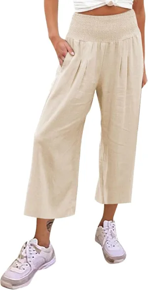 Women's Cotton Linen Summer Print Palazzo Pants Elastic Waisted Straight Plus Size Pant Trousers Vacation