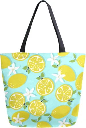 Womens Extra Large Canvas Shoulder Grocery Tote Bag, Summer Lemons Flowers Green Durable Daily Handle Bag for Gym Yoga Weekender Picnic Beach Travel Kitchen Reusable Market Shopping