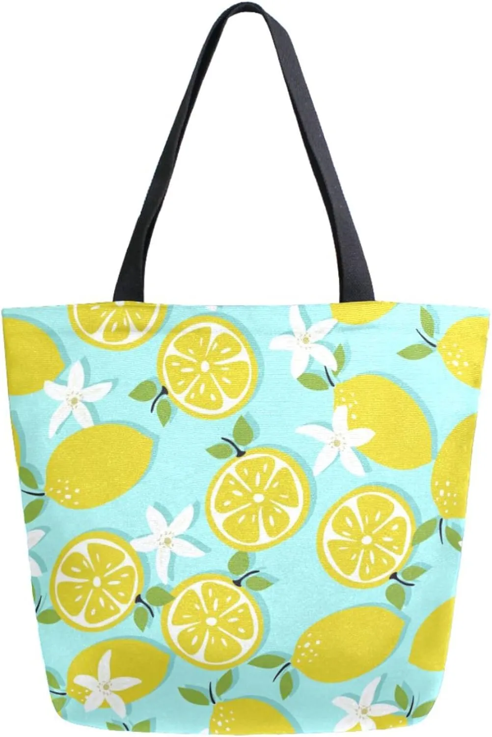 Womens Extra Large Canvas Shoulder Grocery Tote Bag, Summer Lemons Flowers Green Durable Daily Handle Bag for Gym Yoga Weekender Picnic Beach Travel Kitchen Reusable Market Shopping