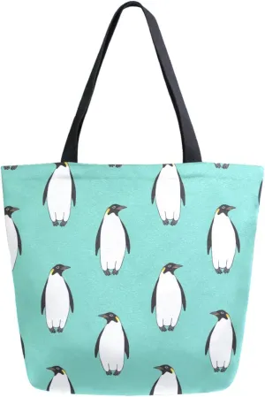 Womens Extra Large Canvas Shoulder Grocery Tote Bag, Winter Penguin Blue Durable Daily Handle Bag for Gym Yoga Weekender Picnic Beach Travel Kitchen Reusable Market Shopping
