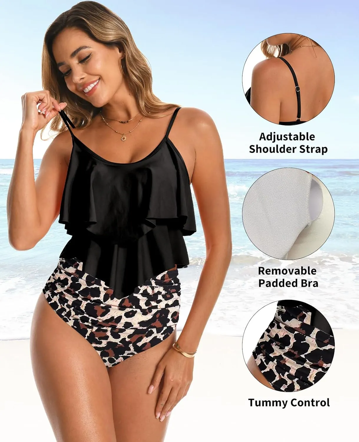 Women's High Waisted Bikini Sets, Ruffled Tankinis Swimsuits for Women Two Pieces Adjustable Straps Bathing Suits