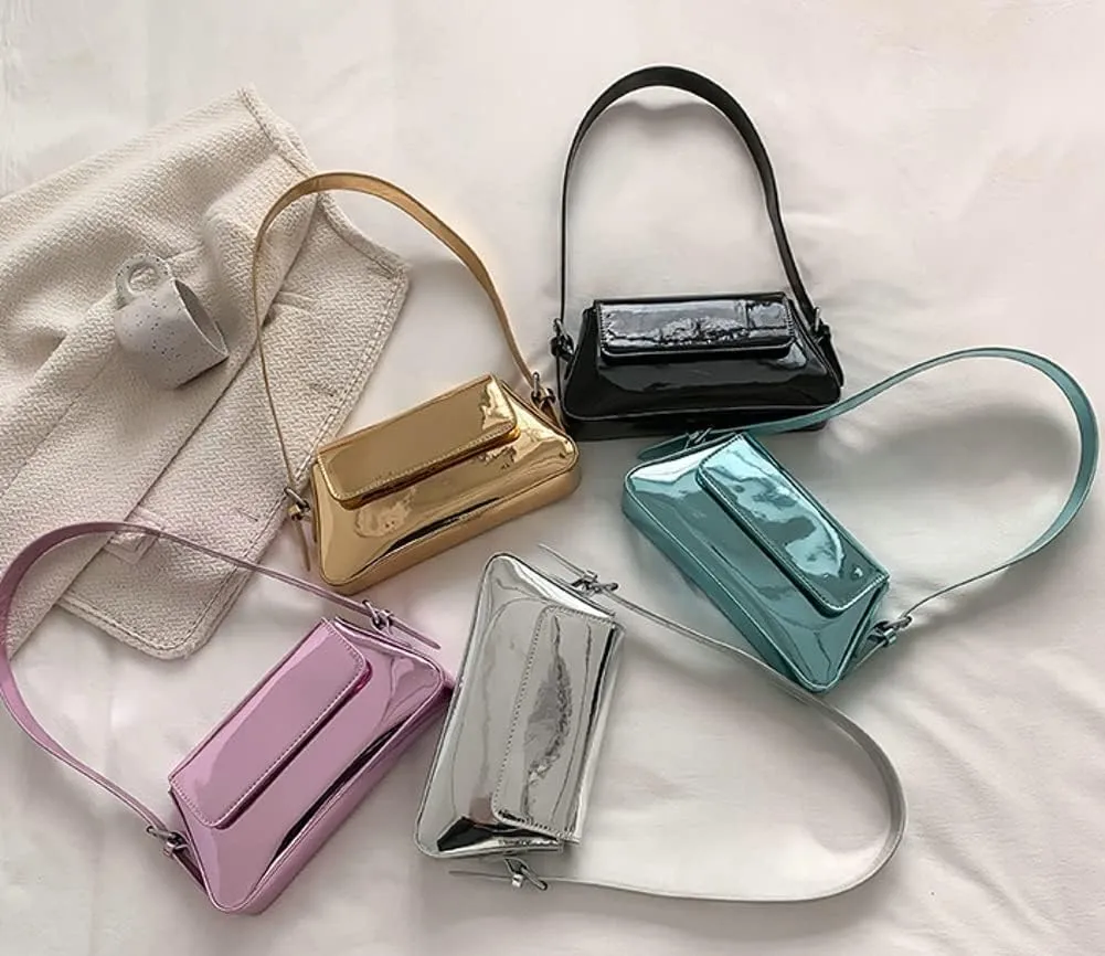 Women's Hobo Bag PU Leather Shoulder Bag Glossy Handbag Underarm Purse Top Handle Satchels Small Totes