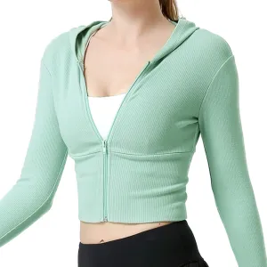 Women's Hooded Jacket Full-Zip Long Sleeve Solid Yoga Crop Top Hoodie Sweatshirt