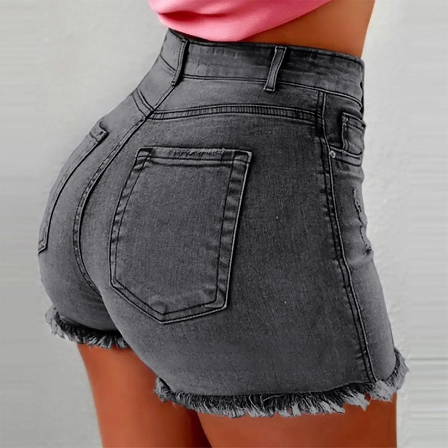 Womens Jean Shorts High Waisted Ripped Denim Jeans Fringed Hole Stretchy Summer Hot Short Pants Frayed Raw Hem Trendy