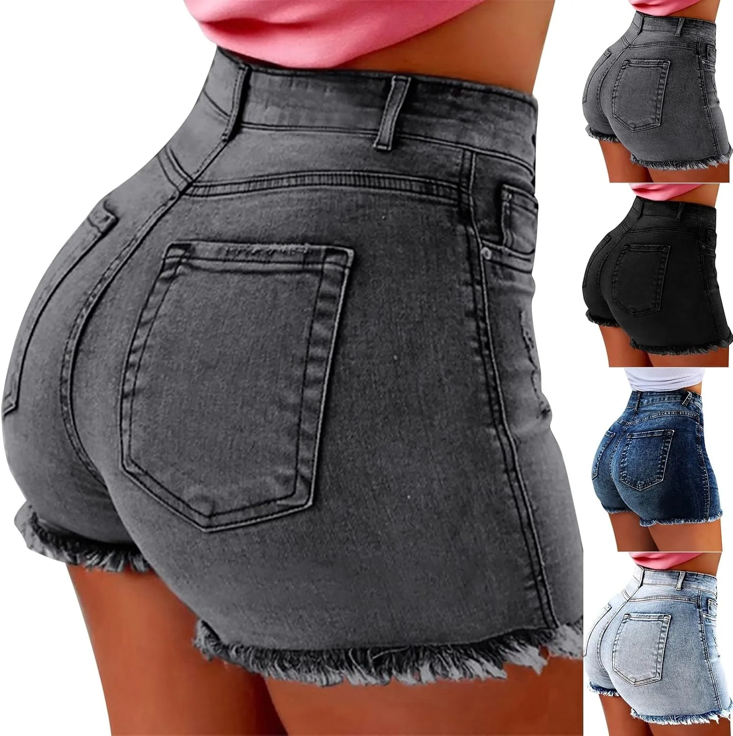 Womens Jean Shorts High Waisted Ripped Denim Jeans Fringed Hole Stretchy Summer Hot Short Pants Frayed Raw Hem Trendy