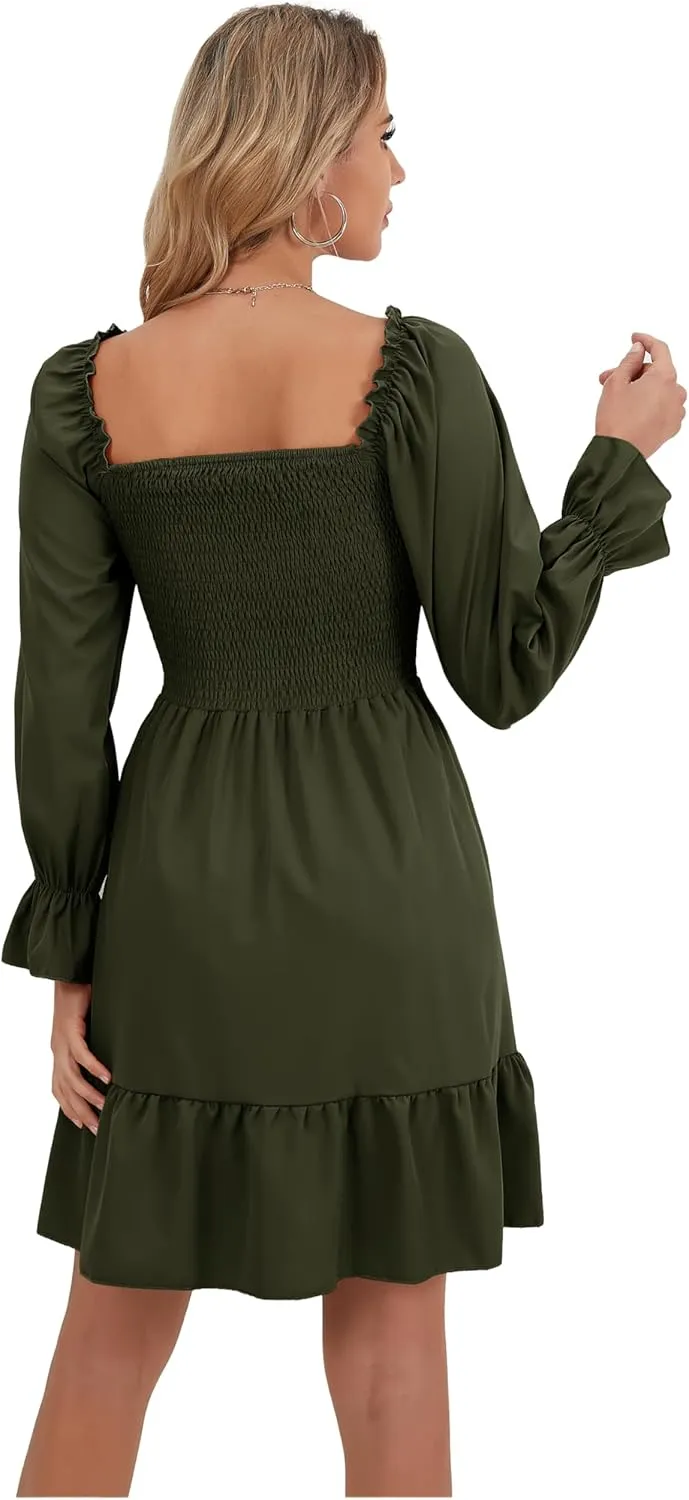 Women's Lantern Sleeve Elastic Waist Dress One Shoulder Collar Casual Loose Flowing Shift Dress
