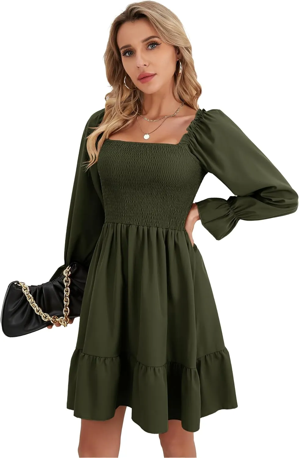 Women's Lantern Sleeve Elastic Waist Dress One Shoulder Collar Casual Loose Flowing Shift Dress