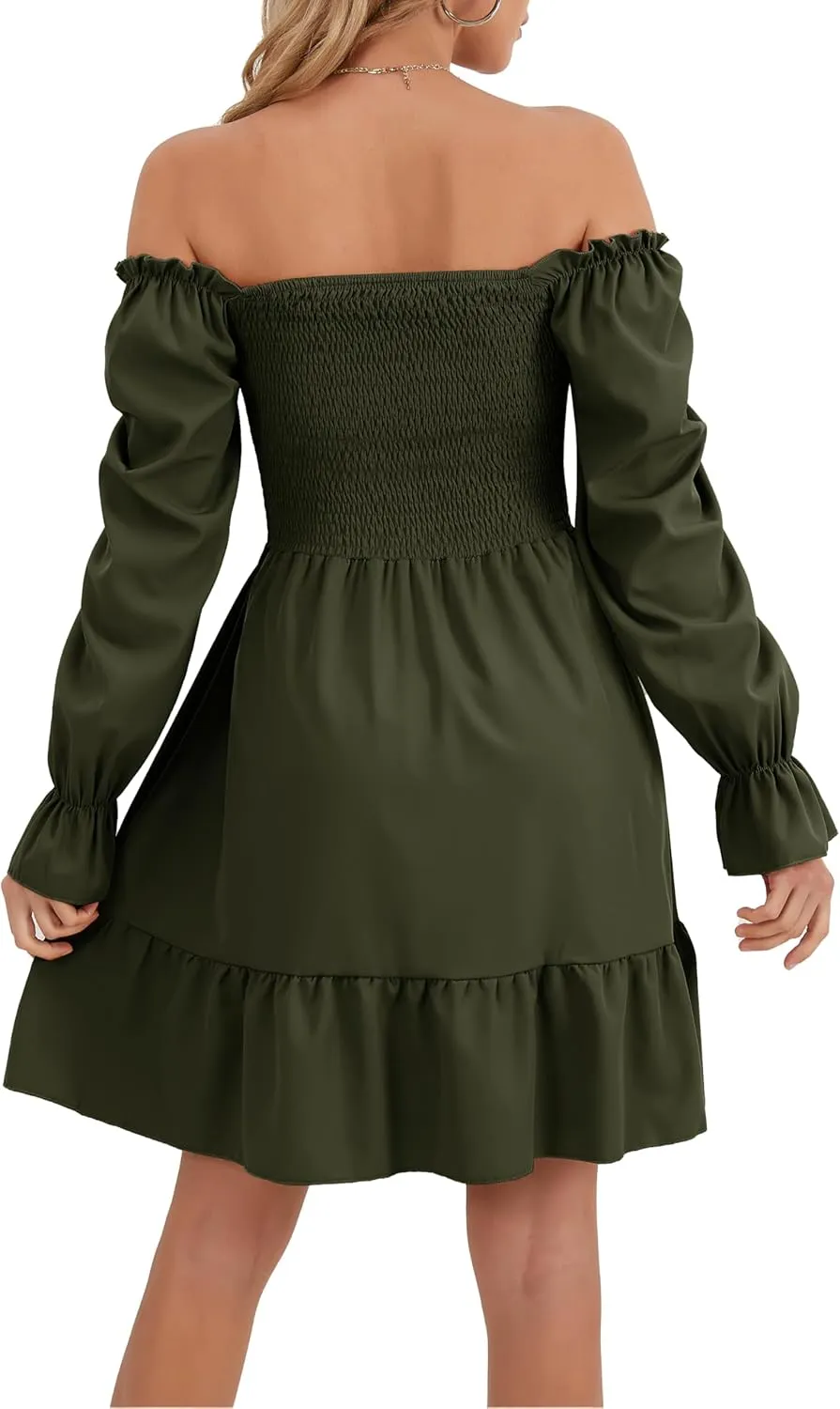 Women's Lantern Sleeve Elastic Waist Dress One Shoulder Collar Casual Loose Flowing Shift Dress