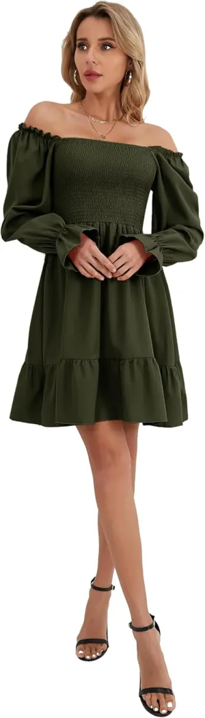 Women's Lantern Sleeve Elastic Waist Dress One Shoulder Collar Casual Loose Flowing Shift Dress