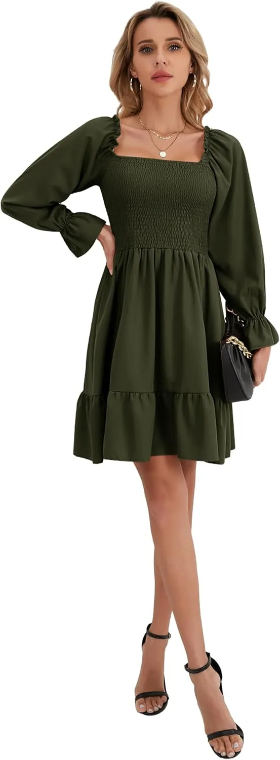 Women's Lantern Sleeve Elastic Waist Dress One Shoulder Collar Casual Loose Flowing Shift Dress