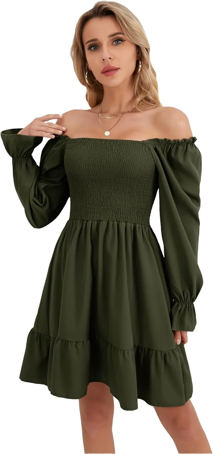 Women's Lantern Sleeve Elastic Waist Dress One Shoulder Collar Casual Loose Flowing Shift Dress