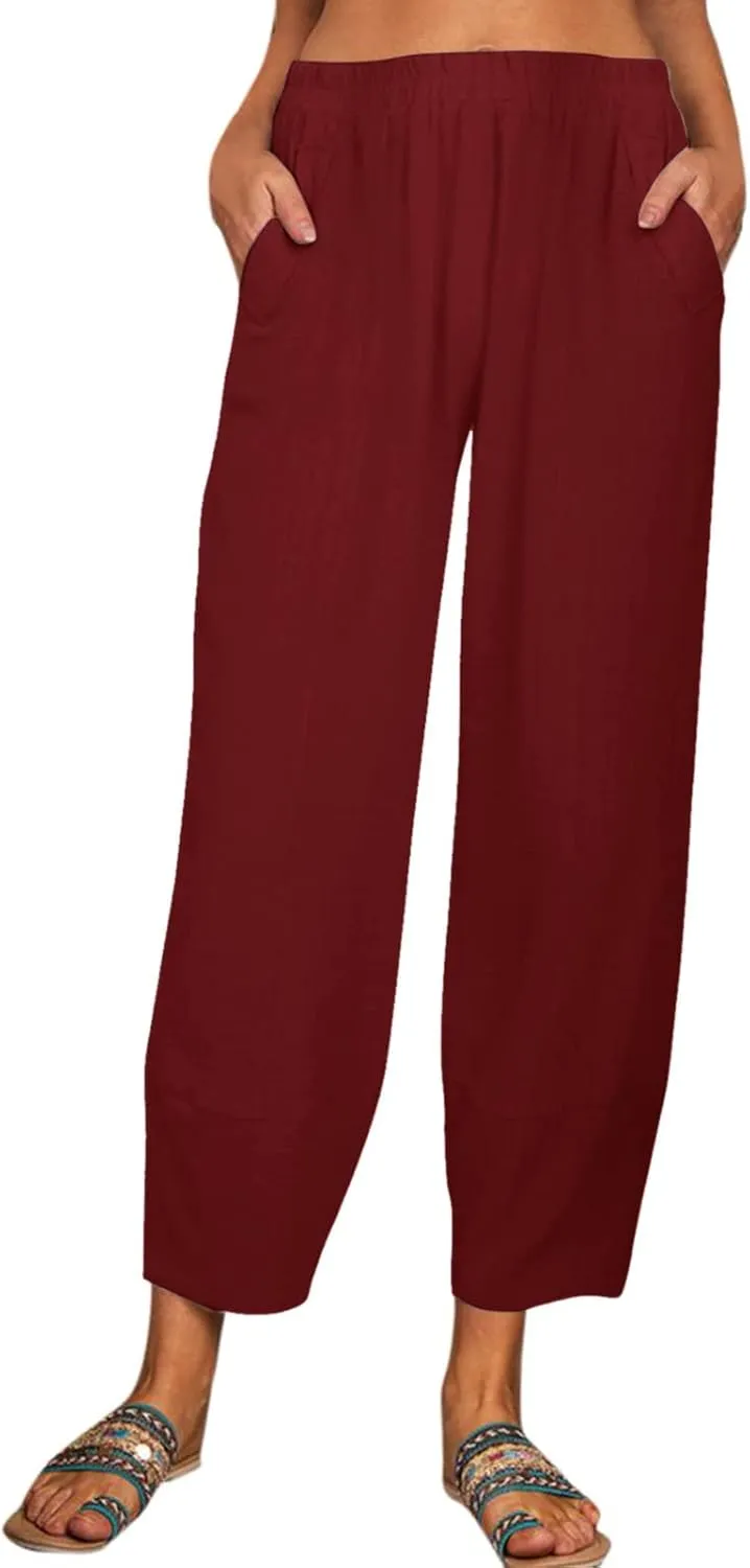 Women's Linen Summer Loose Flowy Palazzo Lounge Pants High Waist Long Lounge Slim Fit Trouser Business Work