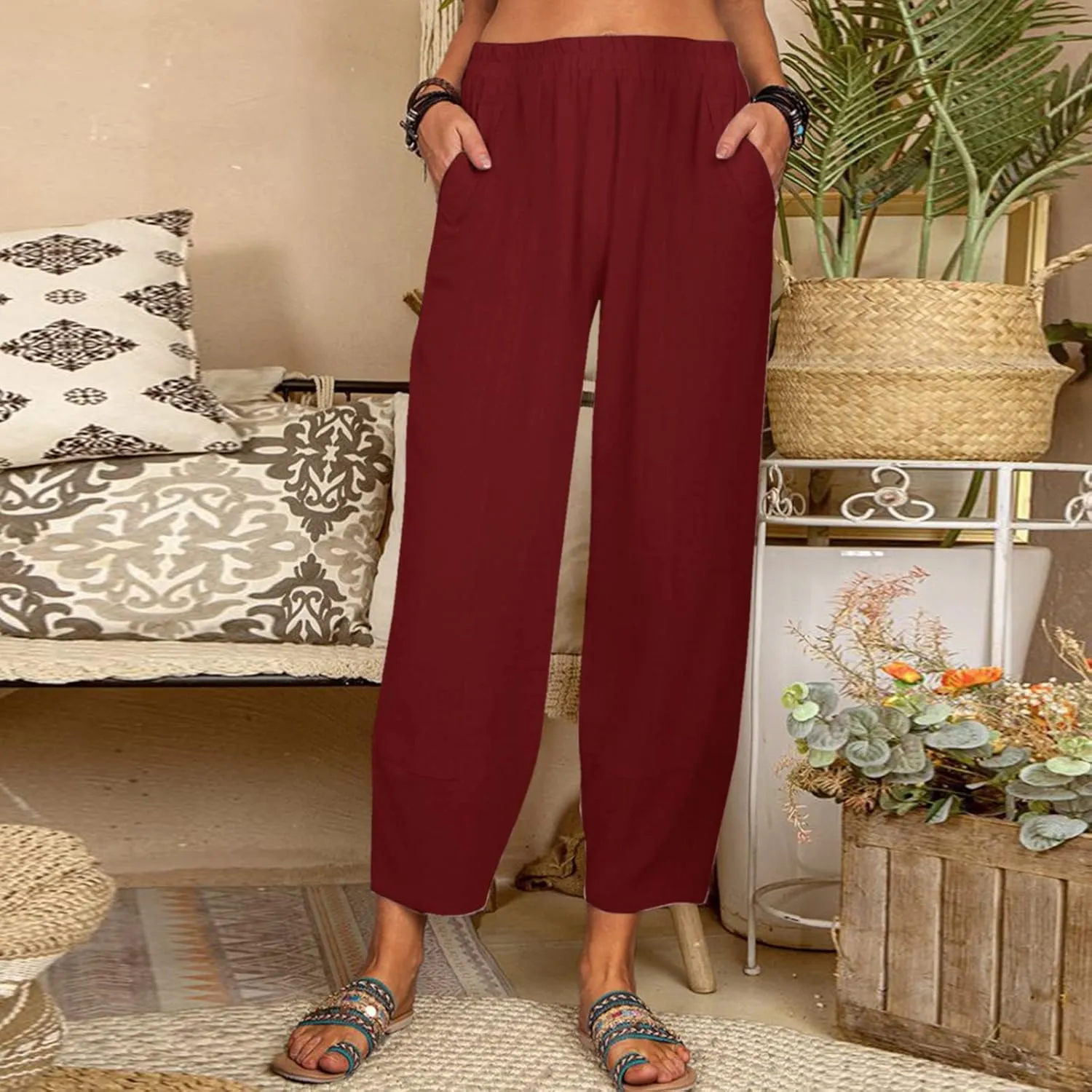 Women's Linen Summer Loose Flowy Palazzo Lounge Pants High Waist Long Lounge Slim Fit Trouser Business Work