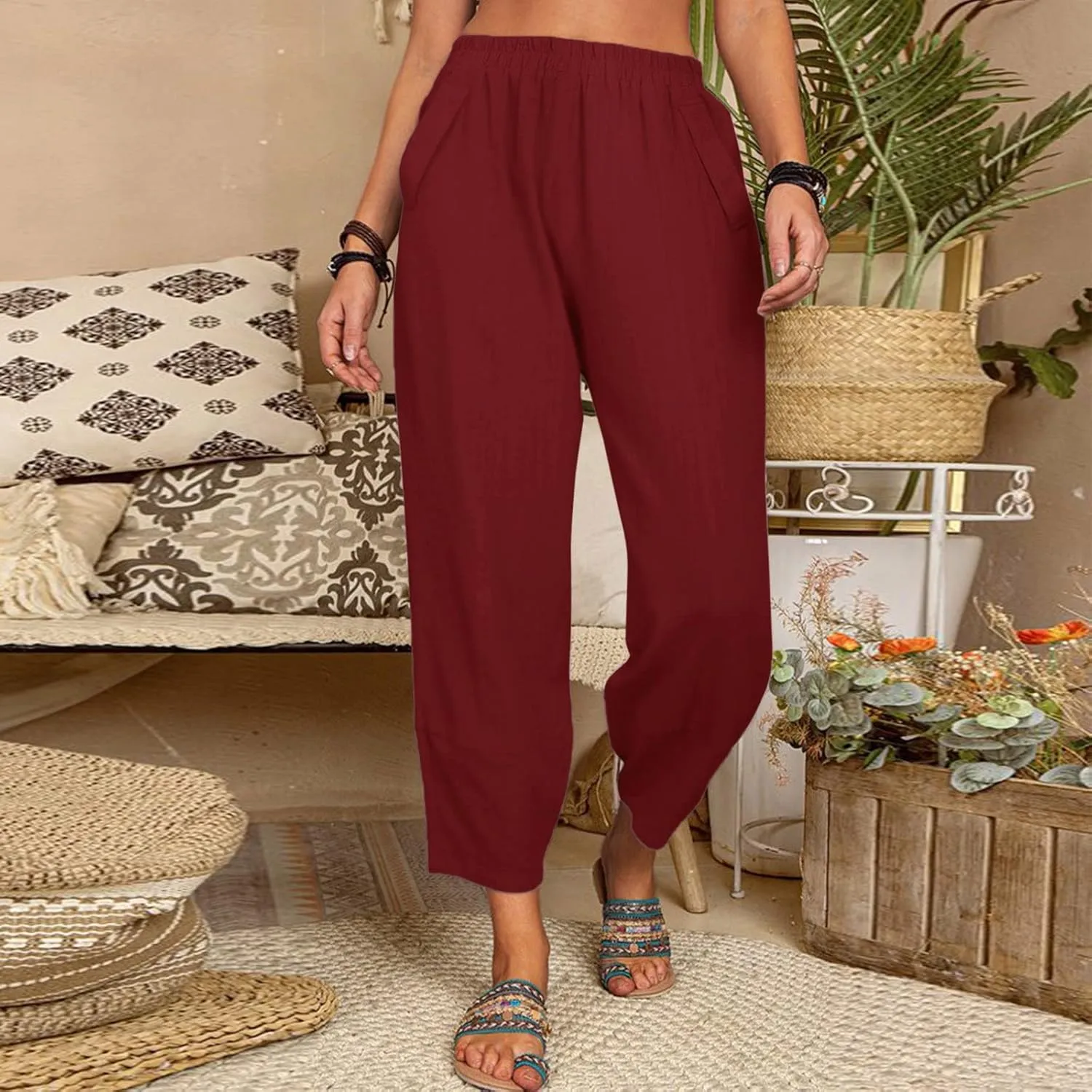 Women's Linen Summer Loose Flowy Palazzo Lounge Pants High Waist Long Lounge Slim Fit Trouser Business Work