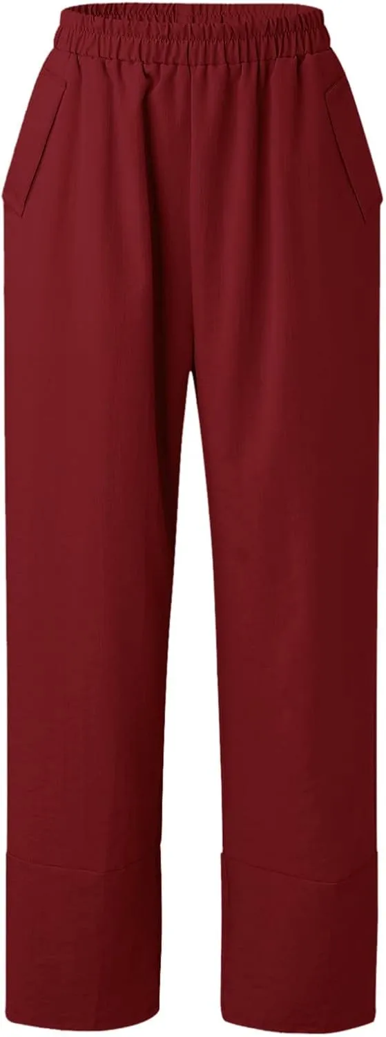Women's Linen Summer Loose Flowy Palazzo Lounge Pants High Waist Long Lounge Slim Fit Trouser Business Work