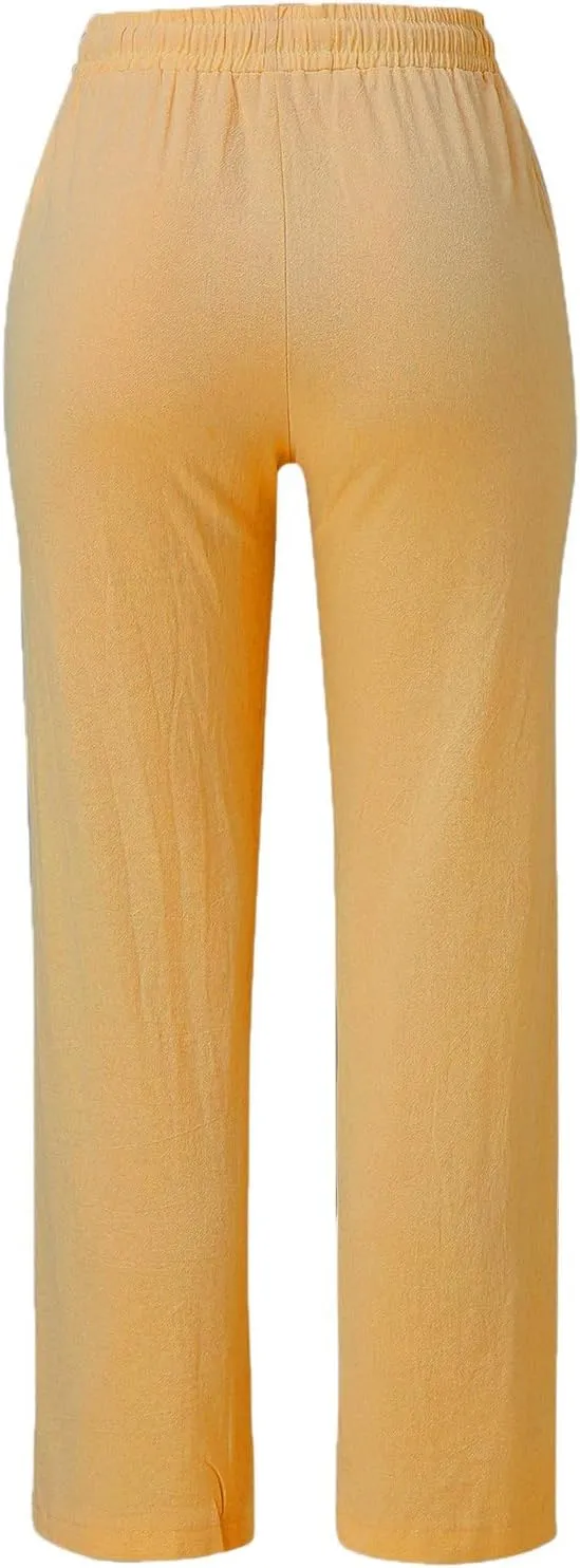 Women's Linen Summer Y2K Fashion Palazzo Pants Elastic Waisted Straight Plus Size Trouser Vacation