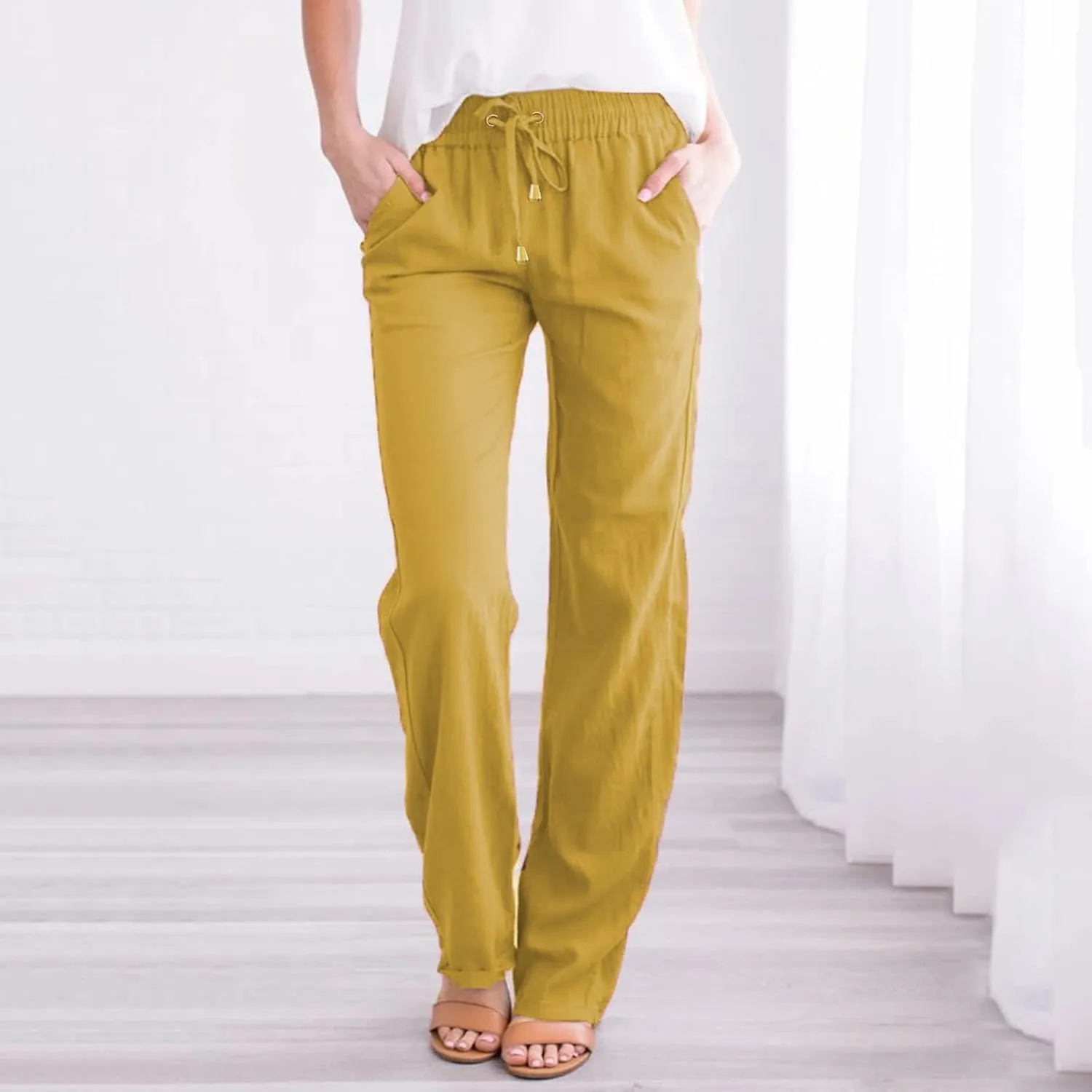 Women's Linen Summer Y2K Fashion Palazzo Pants Elastic Waisted Straight Plus Size Trouser Vacation