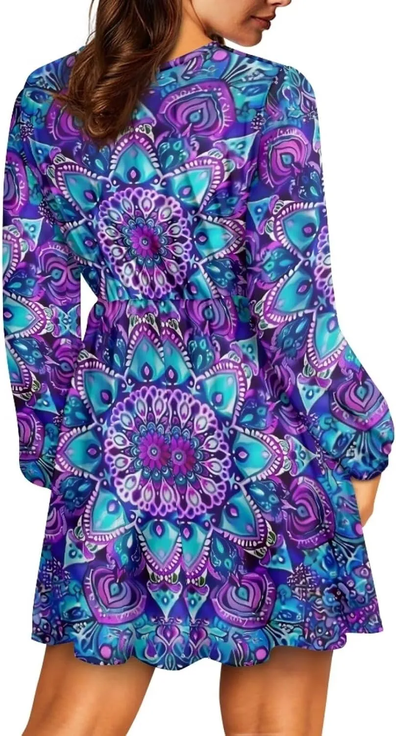 Womens Long Sleeve Mini Dress Deep V Neck Ruffle Flowy Dress Casual Skater Dress