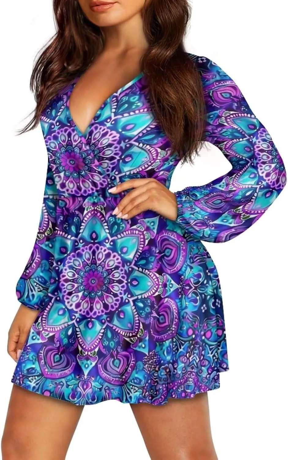Womens Long Sleeve Mini Dress Deep V Neck Ruffle Flowy Dress Casual Skater Dress