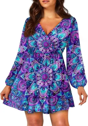 Womens Long Sleeve Mini Dress Deep V Neck Ruffle Flowy Dress Casual Skater Dress