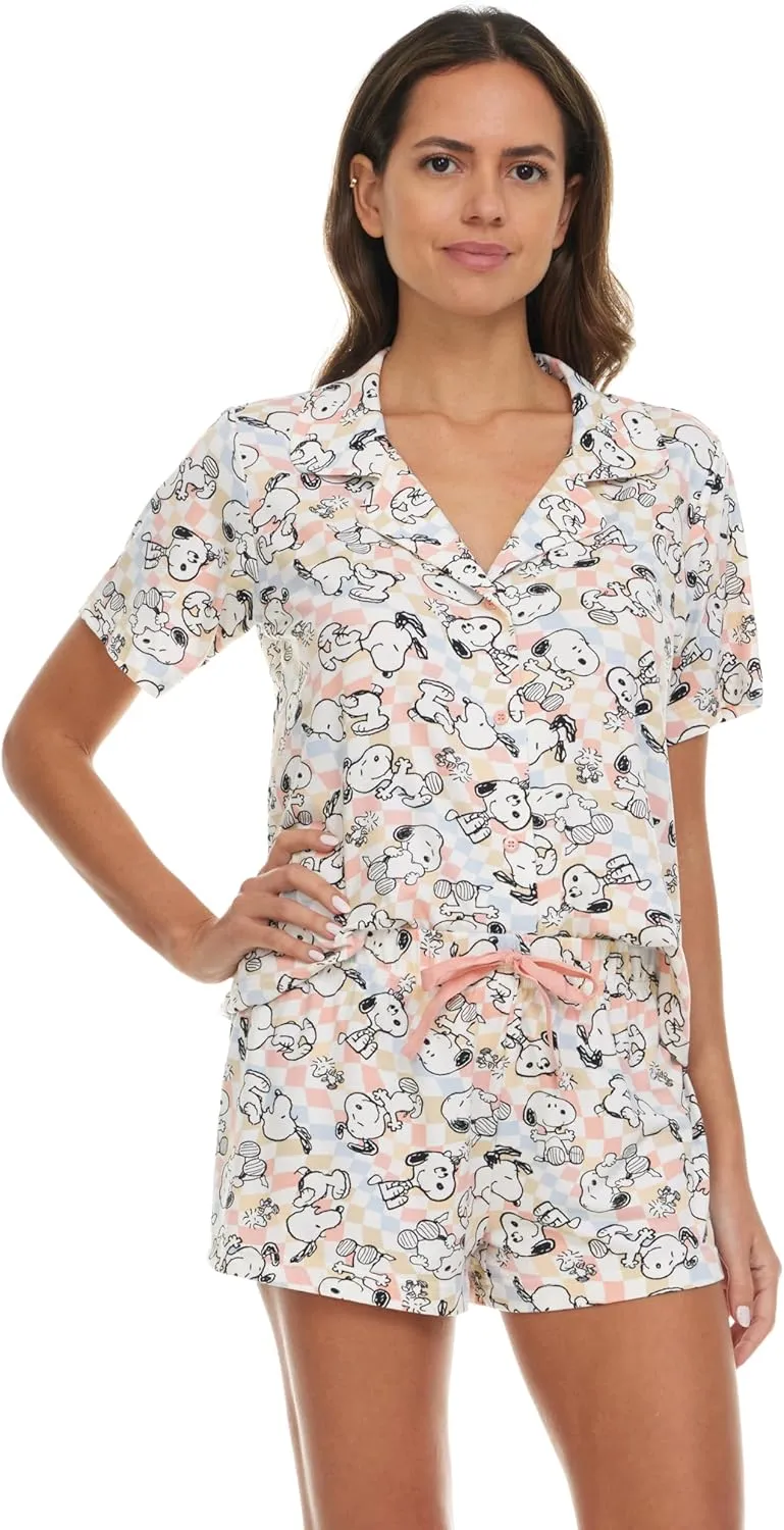 Womens Pamaja Sets - 2 Piece Peanuts Snoopy Shorts Sleeve Button Down Top and Pajama Shorts Set for Women (S-XL)