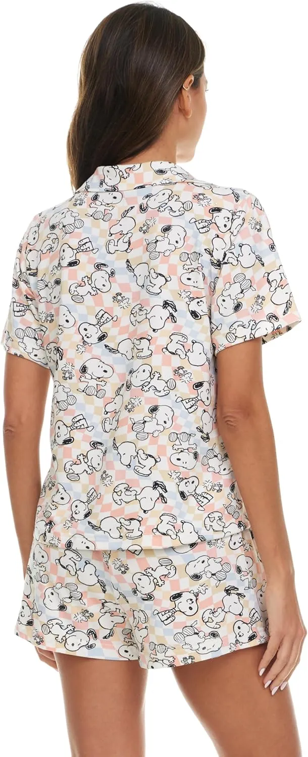 Womens Pamaja Sets - 2 Piece Peanuts Snoopy Shorts Sleeve Button Down Top and Pajama Shorts Set for Women (S-XL)