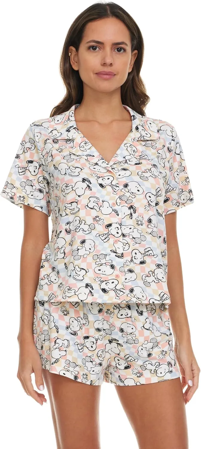 Womens Pamaja Sets - 2 Piece Peanuts Snoopy Shorts Sleeve Button Down Top and Pajama Shorts Set for Women (S-XL)