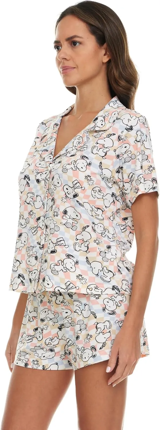 Womens Pamaja Sets - 2 Piece Peanuts Snoopy Shorts Sleeve Button Down Top and Pajama Shorts Set for Women (S-XL)