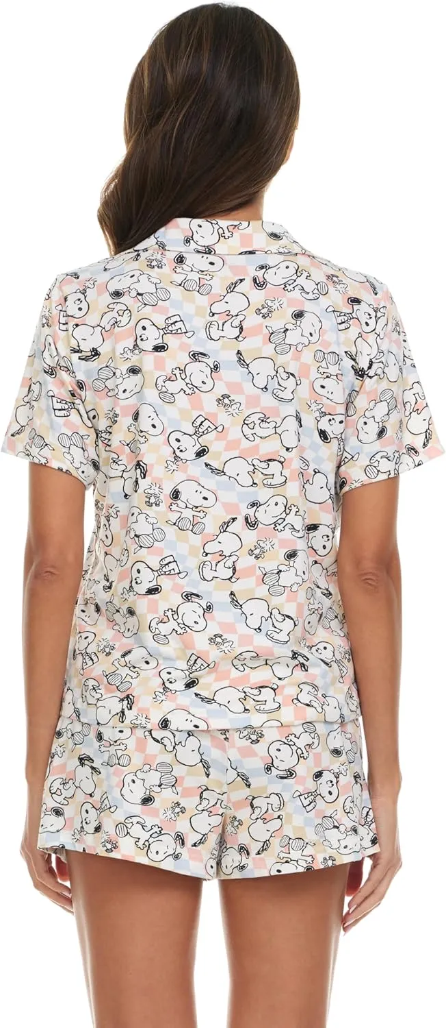 Womens Pamaja Sets - 2 Piece Peanuts Snoopy Shorts Sleeve Button Down Top and Pajama Shorts Set for Women (S-XL)