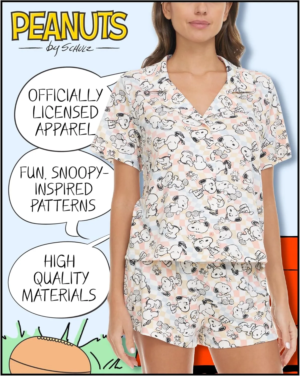 Womens Pamaja Sets - 2 Piece Peanuts Snoopy Shorts Sleeve Button Down Top and Pajama Shorts Set for Women (S-XL)